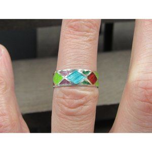 Size 5.75 Sterling Silver Cute Colorful Shapes Wide Band Ring